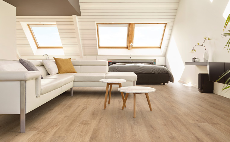 luxury vinyl plank flooring in small studio apartment